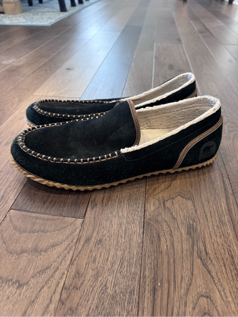 Sorel Black “Dude Moc” Suede Slip-On Moccasins with Tan Trim